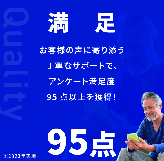 Quality 満足 お客様の声に寄り添う丁寧なサポートで、アンケート満足度95点以上を獲得！ 95点 ※2023年実績